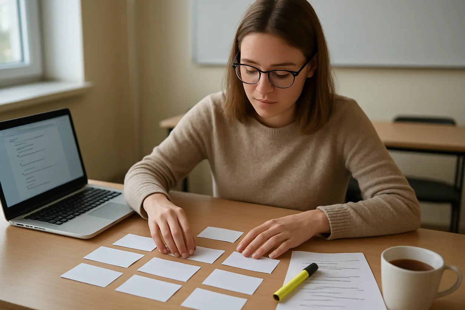 Studentka pedagogiki porządkuje problemy badawcze i hipotezy do pracy licencjackiej
